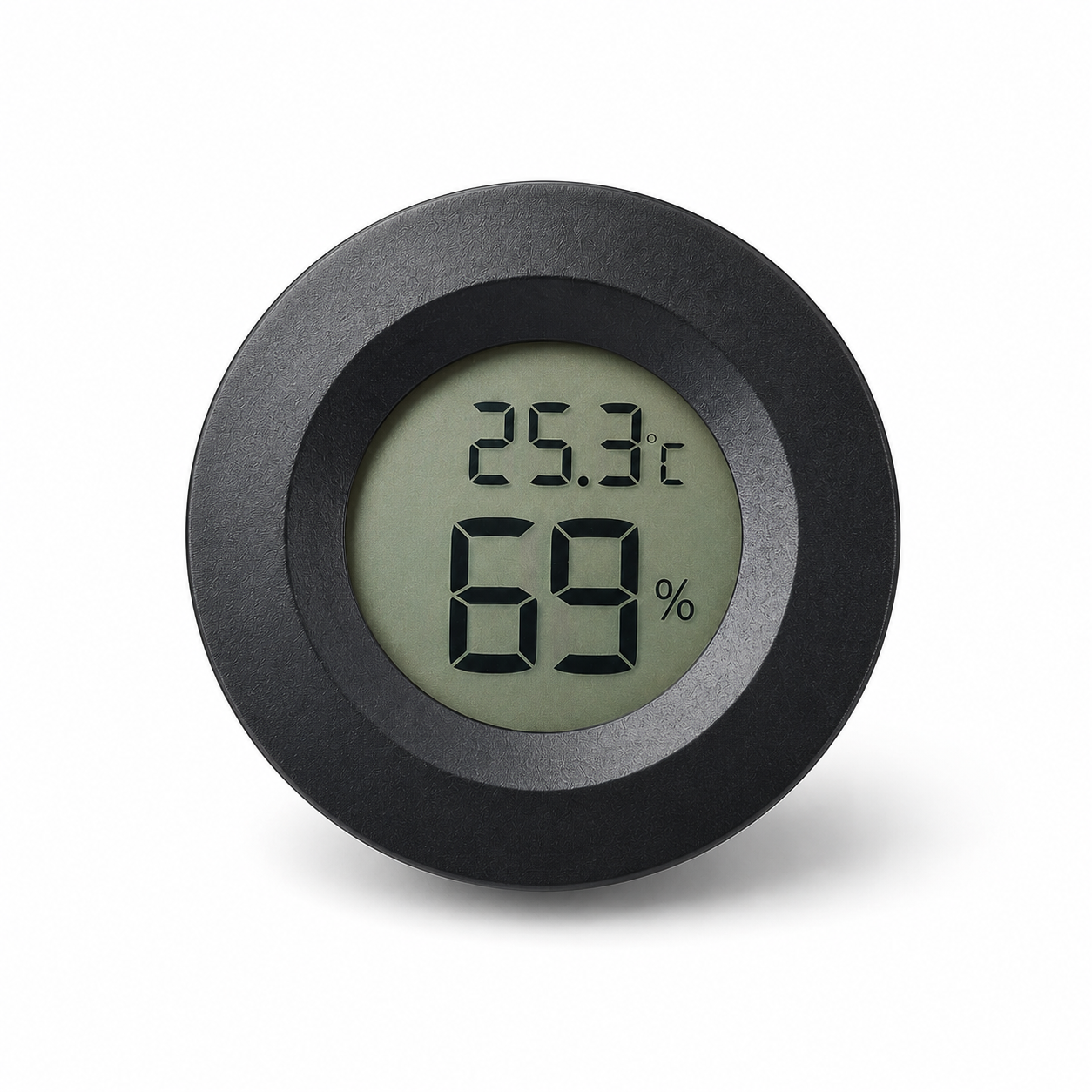 Round digital temperature and humidity meter with LCD display showing 25.3°C and 69% relative humidity. Compact black hygrometer designed for monitoring moisture levels inside 3D printer filament storage containers, dry boxes, vacuum bags, and filament drying systems.