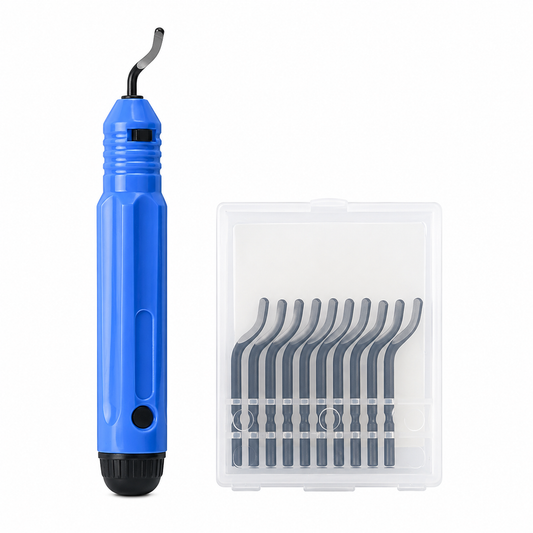 Deburring tool with replacement blades for cleaning and finishing 3D printed parts, plastic components and hobby projects.