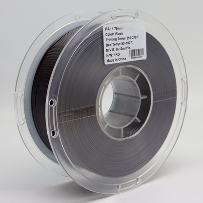 Back view of black PA (Nylon) 1.75mm 3D printer filament spool showing filament winding and print temperature specifications for durable engineering and functional 3D printing applications.
