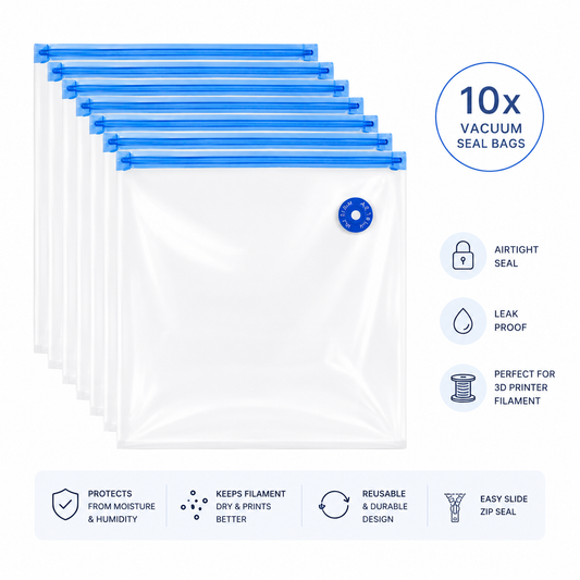 10 pack of reusable vacuum seal bags for 3D printer filament storage, featuring clear airtight bags with blue zip-lock seals and vacuum valves. Designed to protect filament from moisture and humidity, keeping filament dry for improved print quality. Reusable, leak-proof design with easy-slide zip seals.
