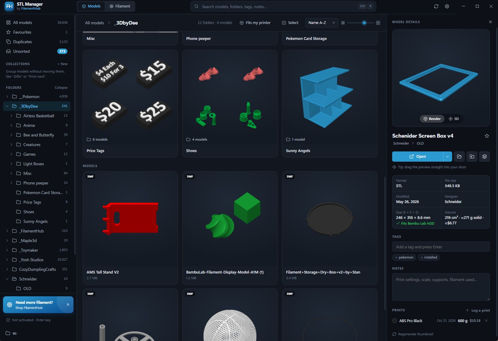 STL Manager model library showing folders, 3D thumbnails and model details